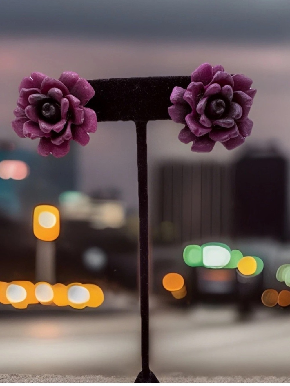 Vintage Deep Purple Celluloid Rose Clip Earrings Detailed West Germany